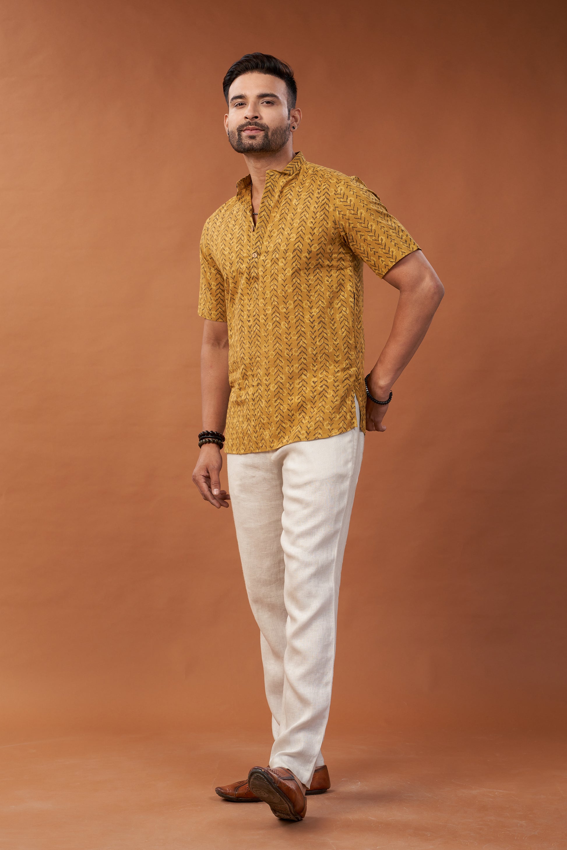 Ajrakh Mustard Geometric Print Kurta T-Shirt - Dedhia House
