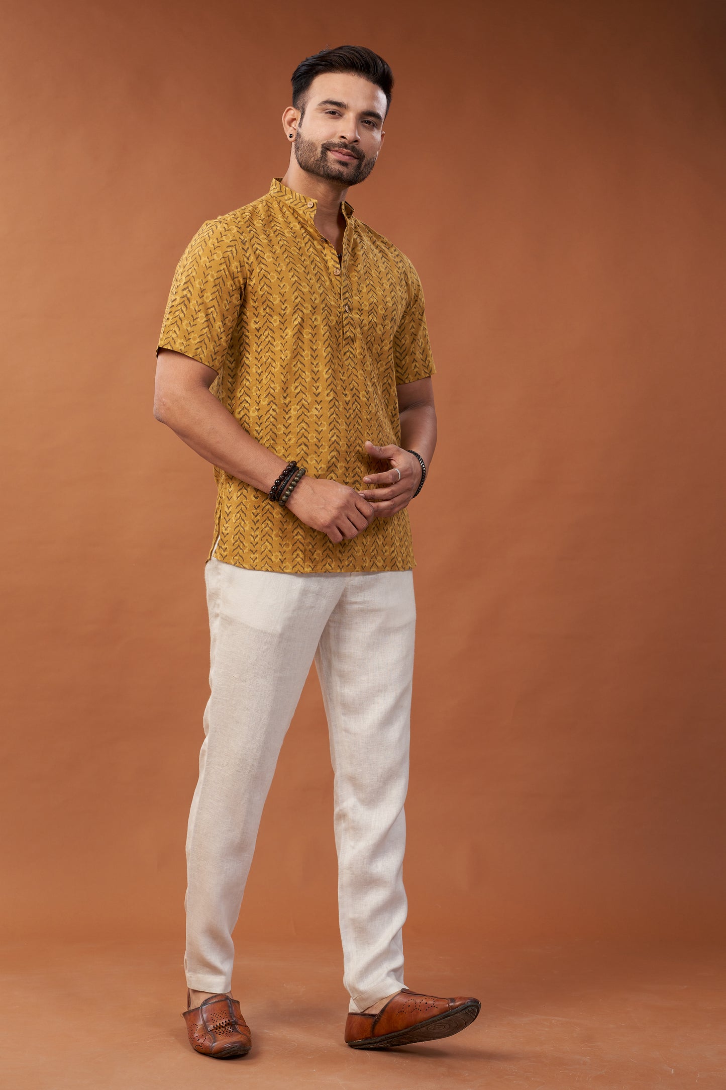 Ajrakh Mustard Geometric Print Kurta T-Shirt - Dedhia House