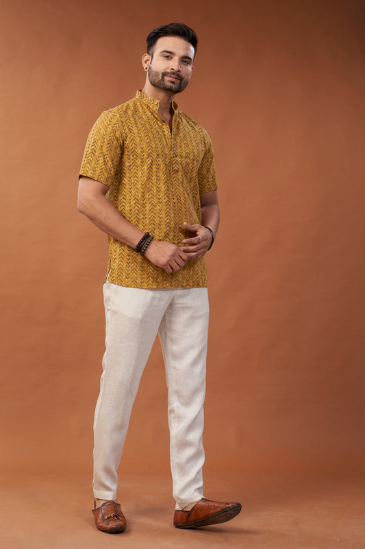 Ajrakh Mustard Geometric Print Kurta T-Shirt - Dedhia House