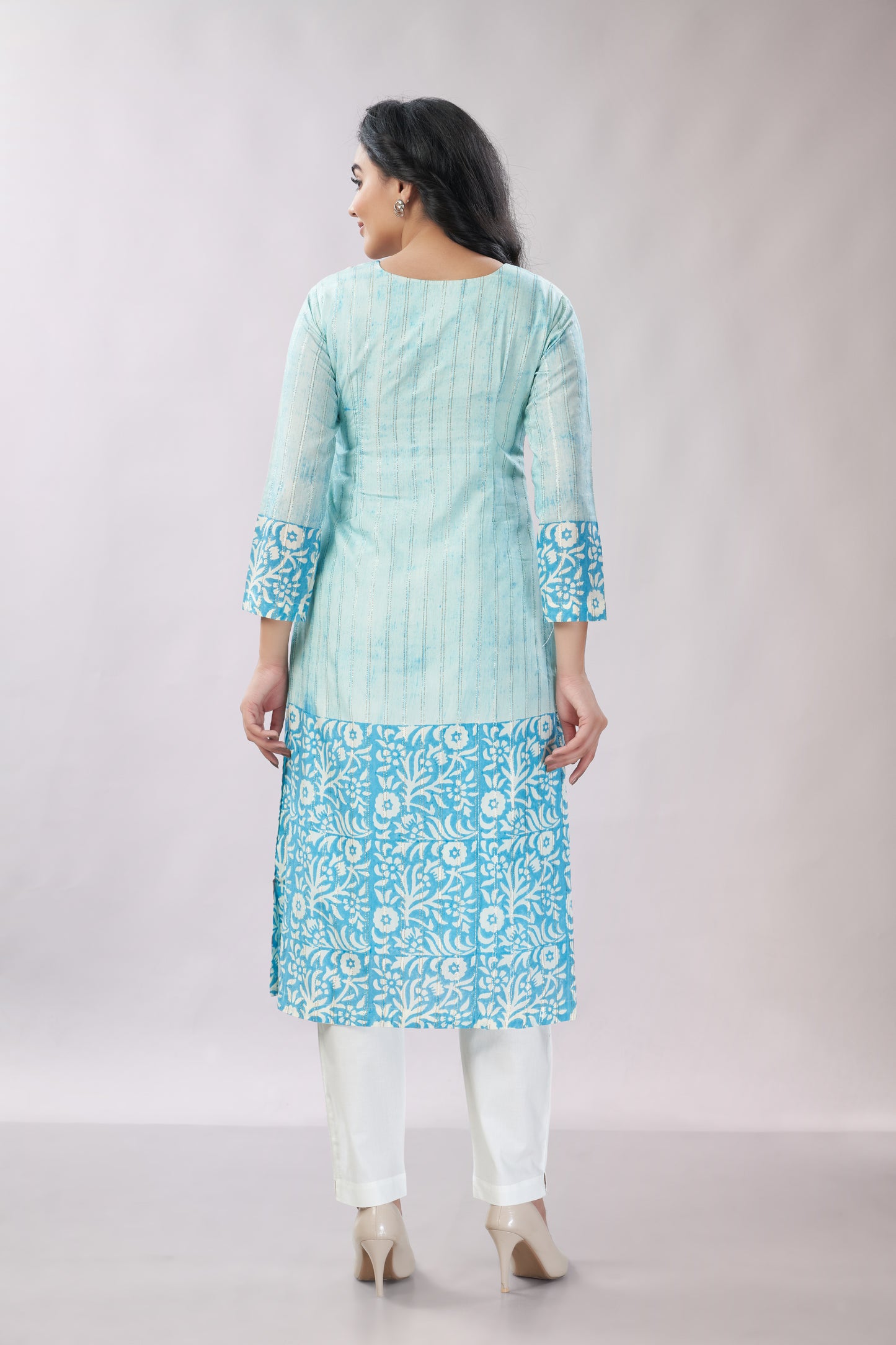 A-line Hand Printed Emrboidered Chanderi Kurti - Dedhia House
