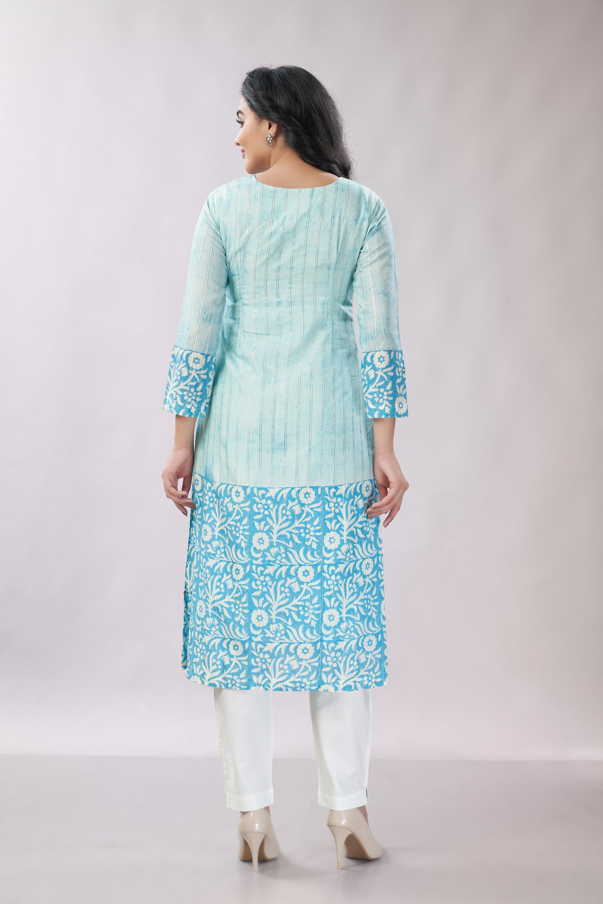 A-line Hand Printed Emrboidered Chanderi Kurti - Dedhia House