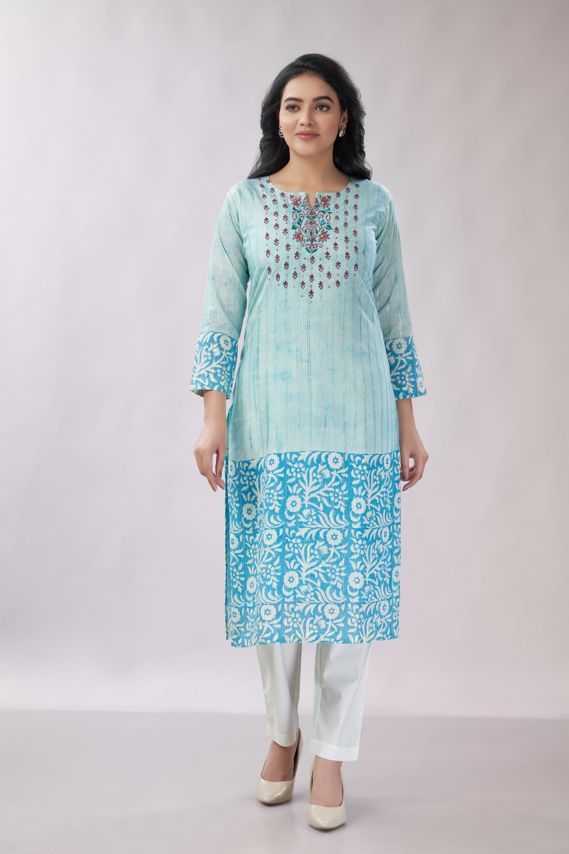 A-line Hand Printed Emrboidered Chanderi Kurti - Dedhia House