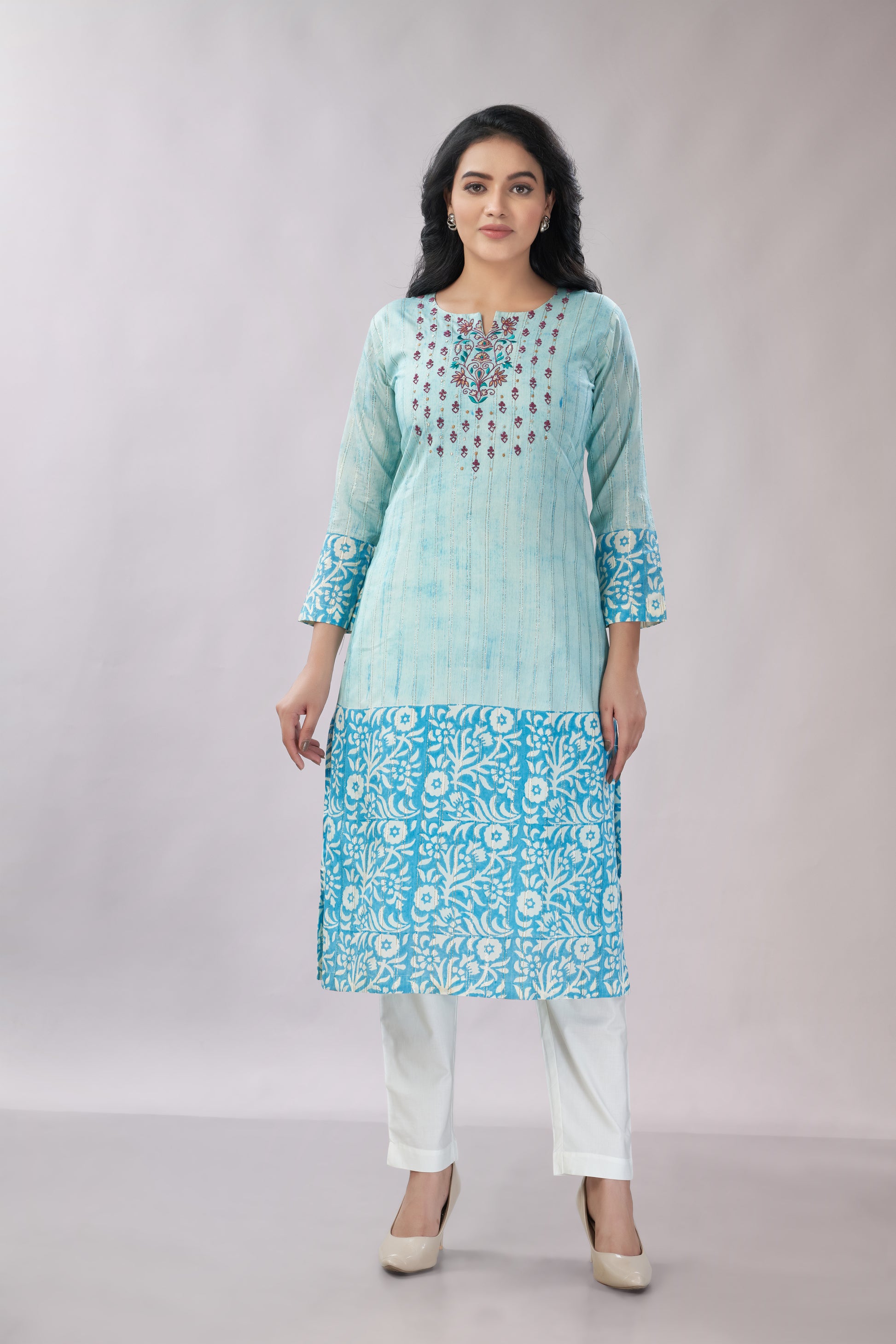 A-line Hand Printed Emrboidered Chanderi Kurti - Dedhia House