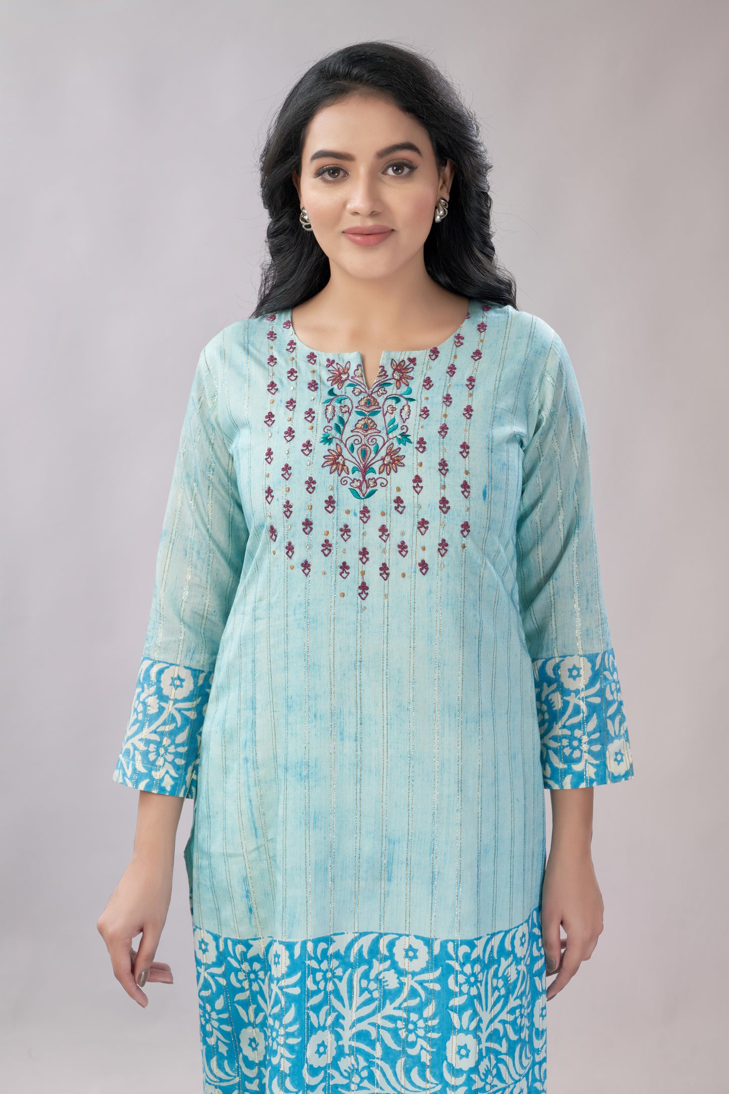 A-line Hand Printed Emrboidered Chanderi Kurti - Dedhia House