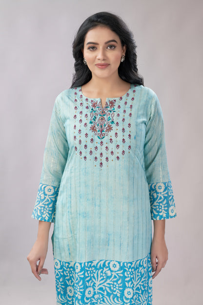 A-line Hand Printed Emrboidered Chanderi Kurti - Dedhia House